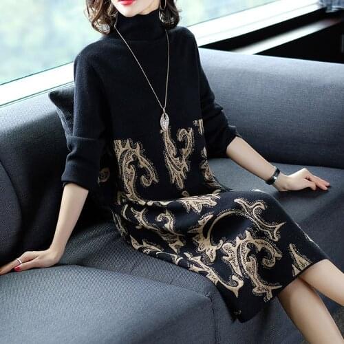 Winter Fall Fashion Women Knitted Patchwork Floral Sweater Dress , Autumn Female Womens Turtleneck Long Sleeve Knitting Dresses
