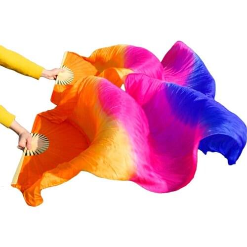 New 100% Real Silk Belly Dance Fans 1Pair Handmade Dyed Silk Belly Dance Performance Props Fans Orange+Rose+Royal blue 180x90cm