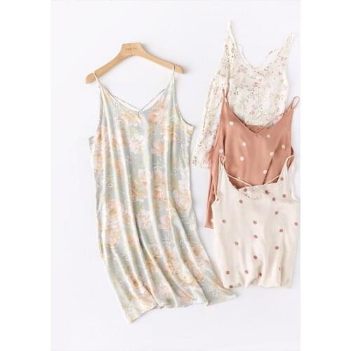 104 Printed Cross Strap Sleep Dress Women Underwear Lingerie Stain Nightgown V-Neck Sexy Nightdress Silk Sleeping Home Nighty