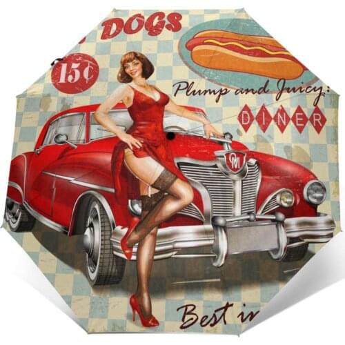 Automatic Umbrella Vintage Hot Dog Poster With Pin Up Girl And Retro Car three-fold umbrella women men rain umbrella
