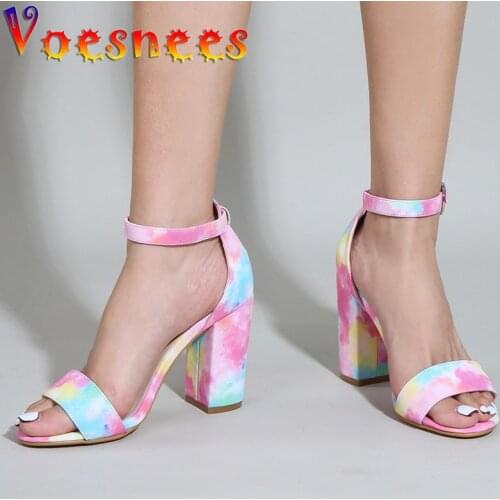 Colorful Cloud Cover Heel Women Sandals One Word Band Thick Heel Sandals Summer New Fashion High Heels Party Dress Women Shoes