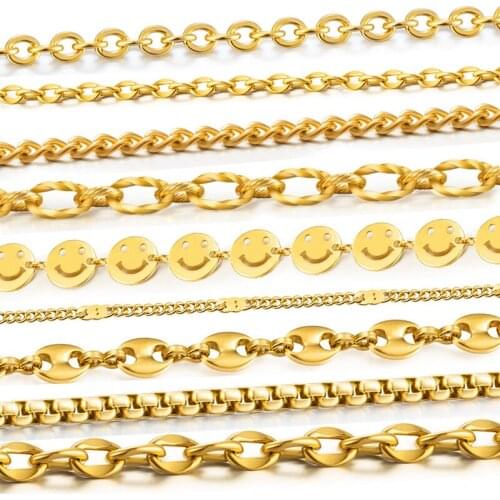 HUIET Gold Smiley Face Bracelet for Men Women Jewelry Stainless Steel Side Chains Curb Cuban Link Chain Necklace Wristband Gifts