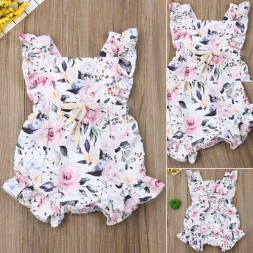 0-18M Baby Summer Clothing Cute Infant Baby Girls Romper Sleeveless Ruffles Flower Backless Sunsuit Romper Outfits Clothes