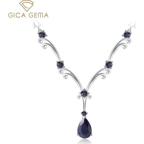GICA GEMA Natural Blue Sapphire Topaz Gemstone Pendant Necklaces For Women 8*12mm Real 925 Sterling Silver Jewelry Female Gifts
