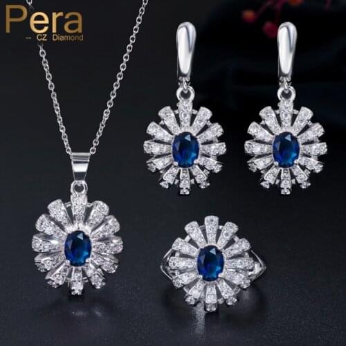 Pera Fashion Korean Brand Design Royal Blue Cubic Zirconia Jewelry Big Round Pendant Necklace Earrings Ring Set for Women J190