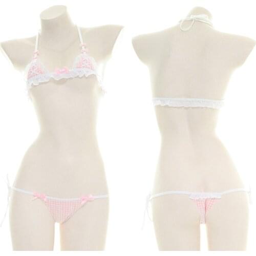 Wholesale Japanese Lolita Girls Pink Bow Tie Mini Bikini Set Bandage Pajamas Kawaii Plaid Underwear Panties Sexy Lingerie Set