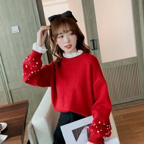 Lace Petal Edge Diamond Sweater Women Fake Two-piece Hemp Loose Casual Knitted Sweaters Female 2020 Winter Turtle-neck Girl