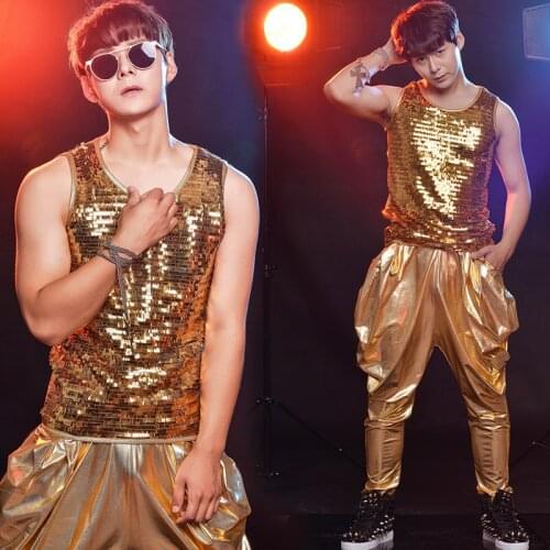Fashion Man Gold Costume 2pcs Set Top+Haren Pants DJ Costume Rock Punk Clothes Adult Street Dance Clothing Men Stage Wear BL2095