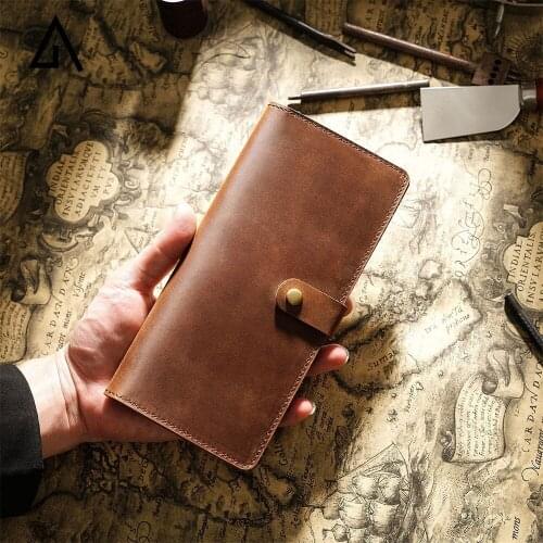 Mens Long Wallet Genuine Leather Travel Business Retro Wallets Casual Solid Card Holder Cowhide Button Design Multifunction