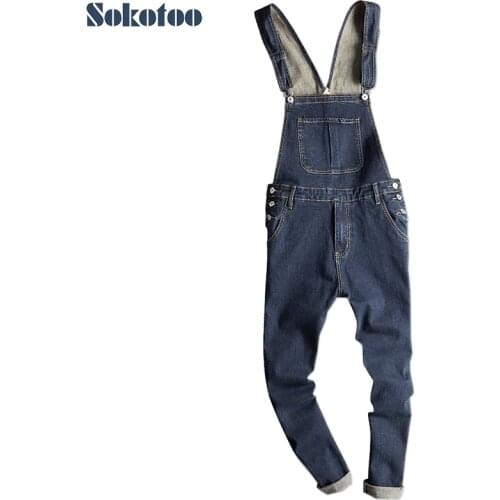 Sokotoo Mens dark blue denim bib overalls Slim fit jeans Casual pocket cargo pants Suspenders jumpsuits