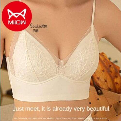 MiiOW New Underwear Womens Summer Thin Section, Big Breasts, Small Rimless Lace Triangle Cup Beauty Back Strap Bra