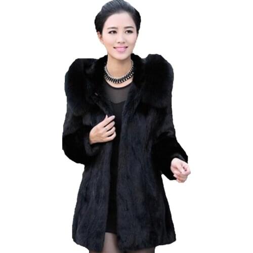 New 2020 Fashion Hooded Fur Collar Luxury Faux Rabbit Fur Coat Women Winter Coat Medium-long Lady Overcoat Elegant Women Coat