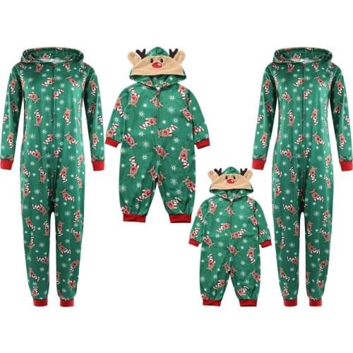 2020 Fall Christmas Family Fitted Parent-child Outfit Set Long Sleeve Cartoon Elk Reindeer Print Zipper Hooded Romper Homewear