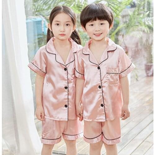 3-10 Years Child Boy Girl Silk Satin Pajamas Sets Summer Short Children Pink Blue Tops Shorts Sleepwear Suit Kids Pyjamas Pijama