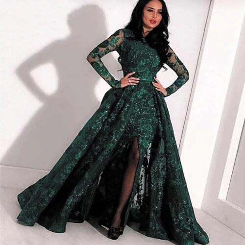 SuperKimJo Robe De Bal Femme Longue Sparkly Arabic Prom Dresses 2020 Green Lace Applique Beaded Prom Gown 2021 Abendkleider