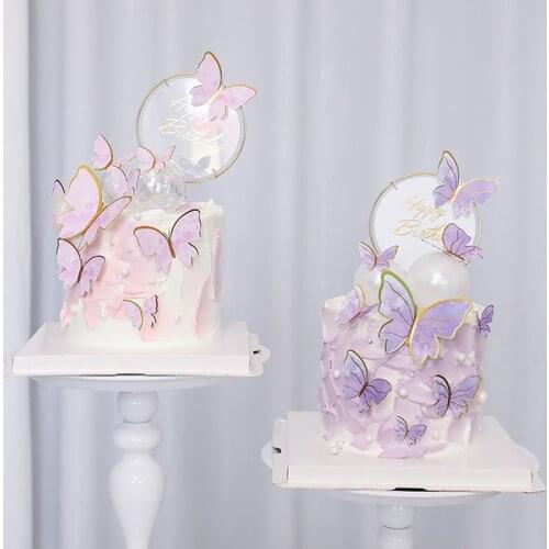 Purple Pink Butterfly Cake Decoration Happy Birthday Cake Topper Handmade Painted For Wedding Birthday Party Baby Shower