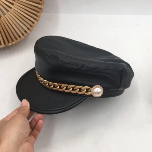 Europe and the United States military hats new temperament pu golden joker black sailor hat newsboy sailor hat Visors navy cap