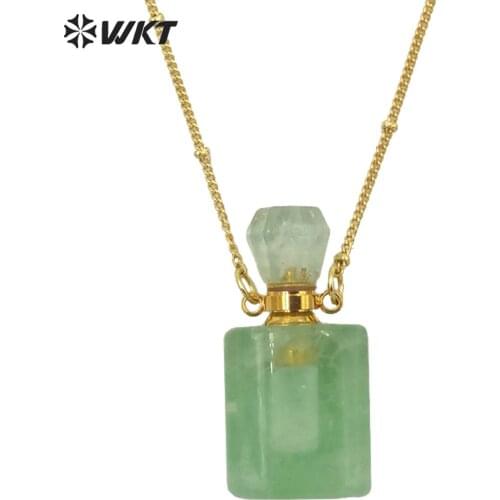 WT-N1285 18 inch long beads chain long square natural stone high polish women gold perfume bottle pendant necklace in many color