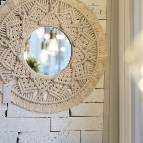 Macrame Mirror Handmade Makeup Mirror Lighted Compact Wall Tapestry Home Porch Mirrors For Home Makeup Bath Room