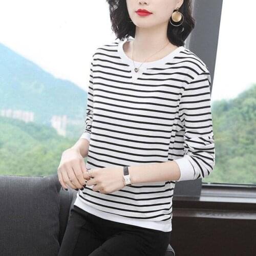 2021 New Autumn Spring Polyester O Neck Woman Long Sleeve t-shirts Fashion Korean Style Striped Oversized t shirt