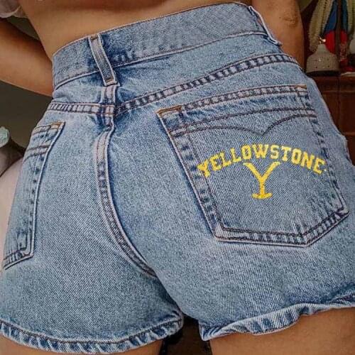 Womens Jeans with Ripped Holes Letter Printed Womens Denim Shorts
