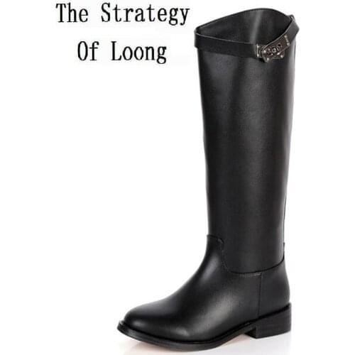 2020 New Winter Genuine Leather Buckle Short Plush Long Boots Women Spring Autumn Cow Leather Pure Color Knee High Boot ZY170929
