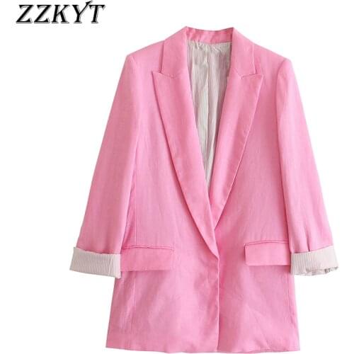 ZZKYT 2021 Women Autumn Fashion Pink Blazers And Jacket Vintage Lapel Collar Pocket Printed Cuffs Office Lady Female Blazer Coat