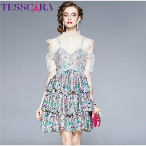 TESSCARA Women Summer Elegant Embroidery Dress Festa High Quality Wedding Party Robe Femme Runway Mesh Designer Short Vestidos