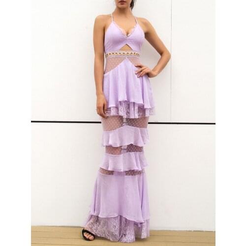 Women Sexy Spaghetti Strap V-neck Lace Patchwork Ruffles Maxi Dress Elegant Sleeveless Dresses Women Long Summer Vestidos