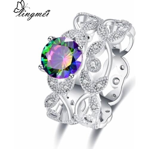 Lingmei 2pcs/set Wedding Band Hollow-Out Round ZirconJewelry Women Fashion Silver Color Ring Size 6-9 Anniversary Party