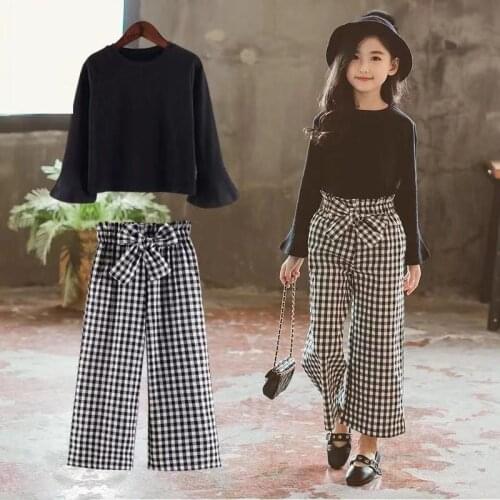 2pc/1set Kids Girls Clothes Sets Long Sleeve T-shirts + Plaid Wide Leg Pants Autumn Childrens Clothing Teenage