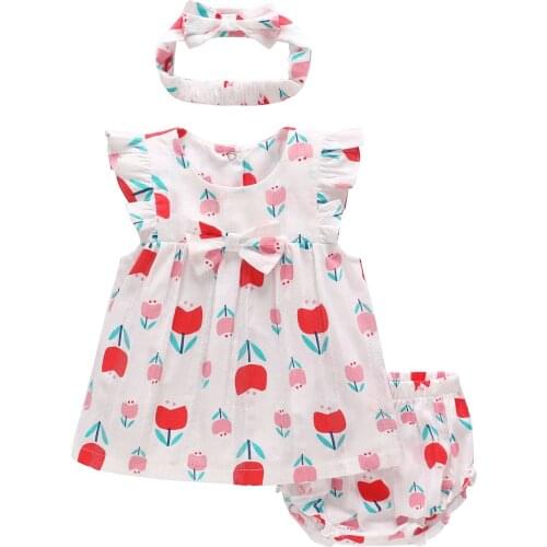 Baby Girls Sleeveless 100% Cotton Summer Tops+Shorts+Turban 3PCS Clothing Sets Pink Fruits Print Fashion Summer Sets