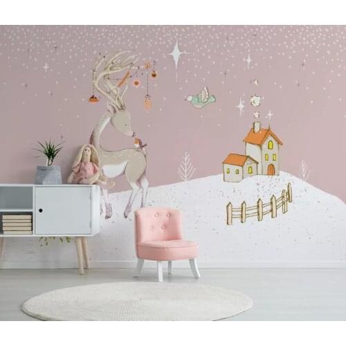 Nordic concise hand-painted cartoon animal moose childrens room background wall 3D mural wallpaper