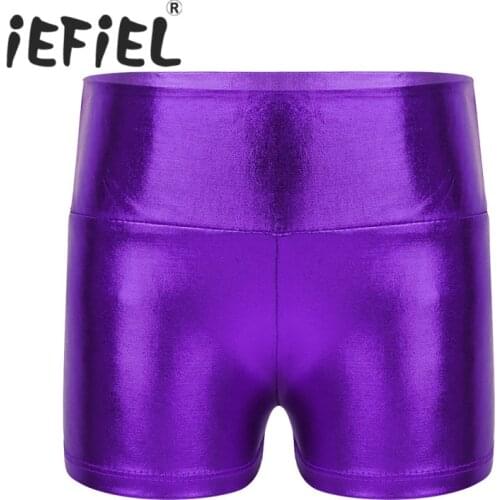 IEFiEL Kids Girls Shiny High Waist Dance Shorts Bottoms Activewear Child Clothes for Yoga Sports Workout Gym Gymnastic Dancing