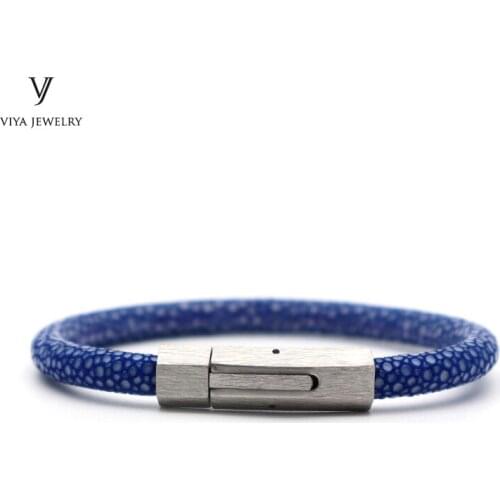 Genuine Stingray Leather Cord Bracelet Snap Lock 6mm Leather Bracelets Cylindrical Shape Spring Buckle Stingray Leather Bracelet