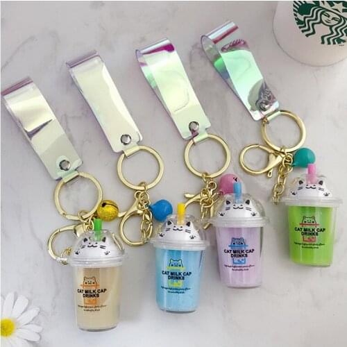 Cute Cartoon Cat Cup Keychains Simulation Mini Milk Tea Cup Moving Liquid Keyring for Women Car Bag Pendant Children Gifts Toys