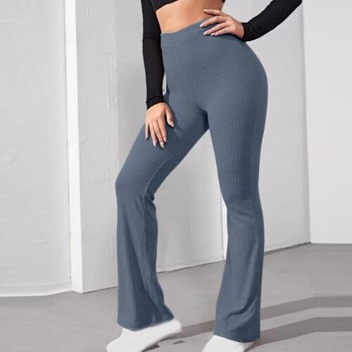 Women Pants Solid Color Knitted Summer Slim High Waist Full Length Flared Sports Trousers Autumn Casual Fitness Pants
