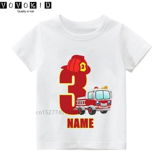 Kids Firefighter Car Birthday Numbers T-Shirt Children Happy Birthday White Tops Tee Boys/Girls Baby Clothes,Drop Ship
