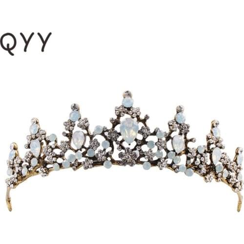 Classic Opal Stones Black Gold Tiaras and Crowns Queen Head Jewelry Women Diadem Brides Tiara Wedding Hair Accessories