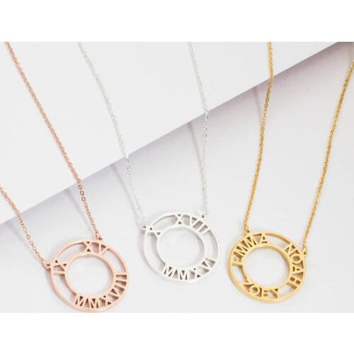Personalized Necklace For Women Custom Roman Numeral Round Pendant Mens Necklace Stainless Steel Jewelry Gift For Girlfriend