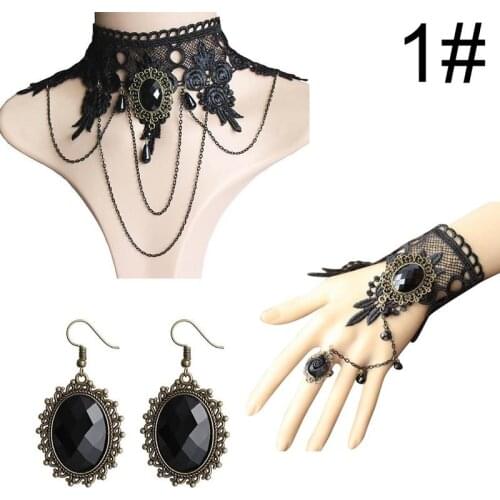 Gothic Style Jewelry Set Vintage Lace Choker Necklace Ring Hand Bracelet Drop Earrings Set Jewelry Accessories Party Dress Up
