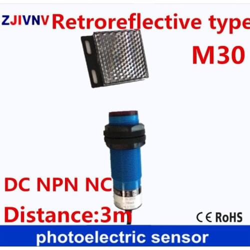 M30 NPN NC DC Retroreflctive type Photoelectric/photocell sensor normally close switch with mirror reflector plate distance 3 m