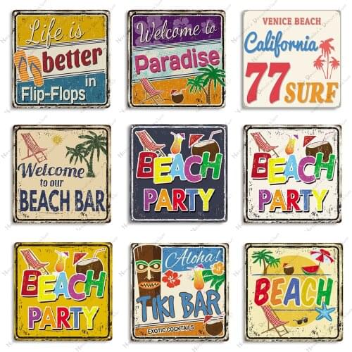 Beach Metal Tin Sign Summer Painting Retro Poster Metal Plaque Wall plate Surfing Club Pub Bar Home Wall Decor Signs