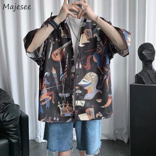 Men Shirts Half Sleeve Cartoon Printed Loose Summer Breathable Outwear All-match Plus Size S-3XL Korean Style Holiday Chic Retro