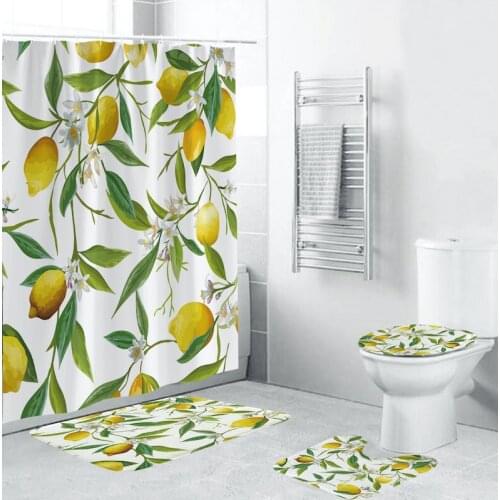 Lemon Cartoon Fruit Bathroom Set with Hooks Waterproof Shower Curtain Non Slip Bathroom Rug Carpet Toilet Lid Cover