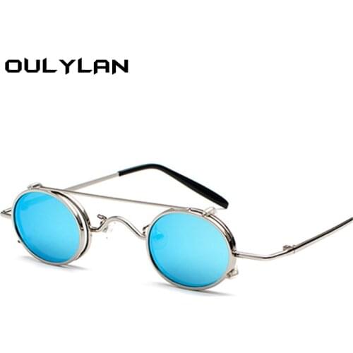 Oulylan Small Round STEAMPUNK Sunglasses Men Retro Vintage Metal Punk Clip on Sun Glasses Male Gift Small Oval Eyewear UV400