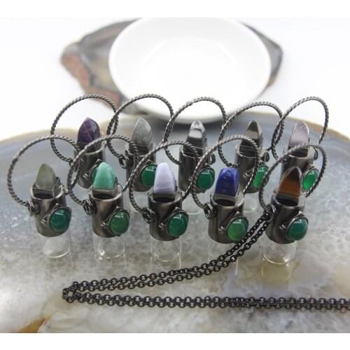 Natural Amethysts/Labradorite/Amazonite Bullet Perfume Bottle Necklace,Plating Gunmetal Essential Oil Diffuser Vial Pendants