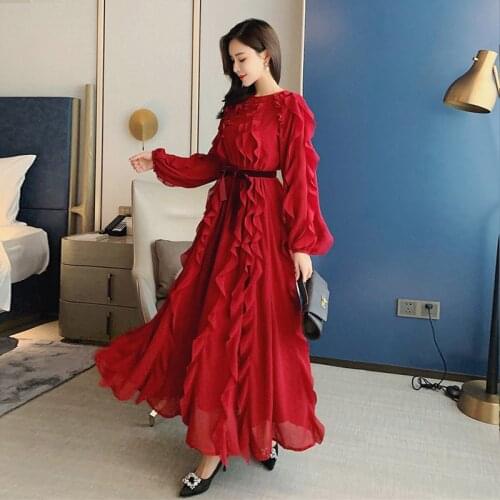 WTIANYUW Women Design Korean Maxi Dress Autumn Sweet O Neck Puff Sleeve A-Line Dress Elegant Fashion Streetwear Long Dresses