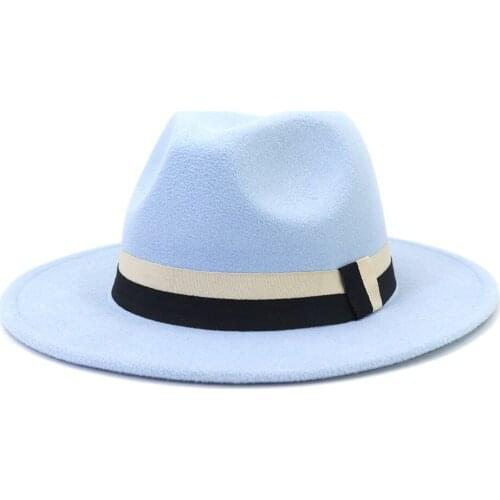 2021 Women Men Big Wool Fedora Hat With Leather Ribbon Gentleman Elegant Lady Winter Autumn Wide Brim Jazz Church Panama Fedora