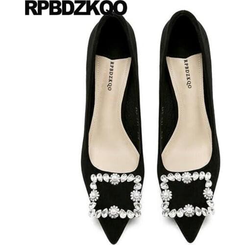 Crystal pumps suede dress pointed toe stiletto size 33 diamond sexy women shoes rhinestones high heels modern kitten pearl black